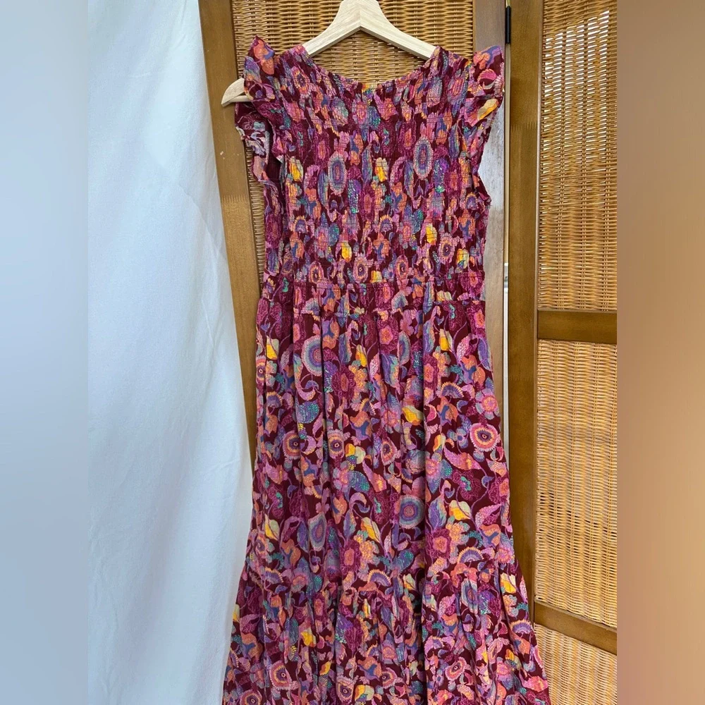 NWOT Anthropologie Peregrine mixed print burgundy smocked maxi dress - Picture 11 of 11